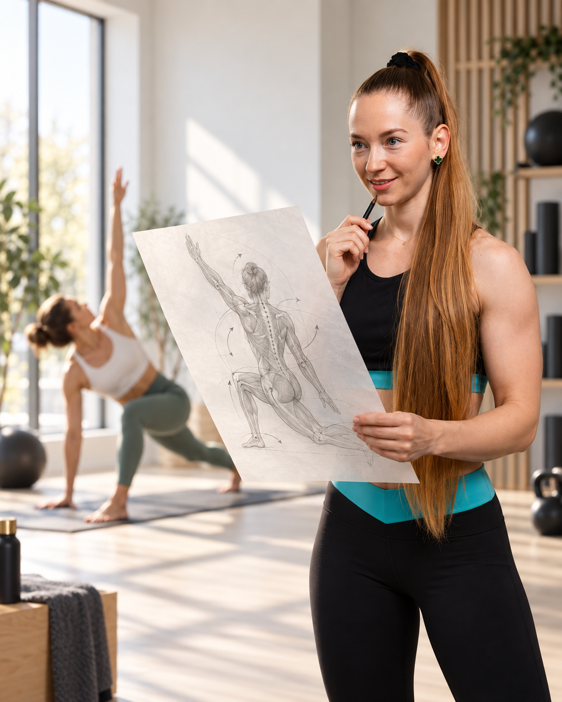 Maria Mazur with an original anatomical movement sketch — the founder of the MIMM method