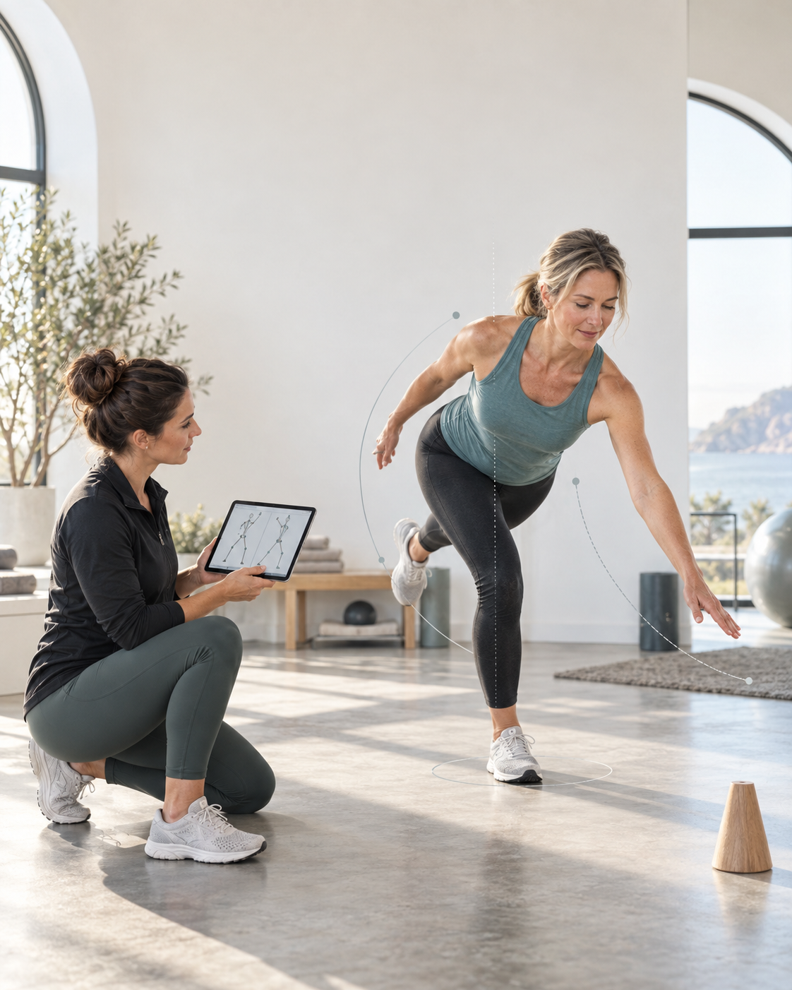 A MIMM specialist assesses a client's balance and movement pattern with a tablet in the MAFIT studio