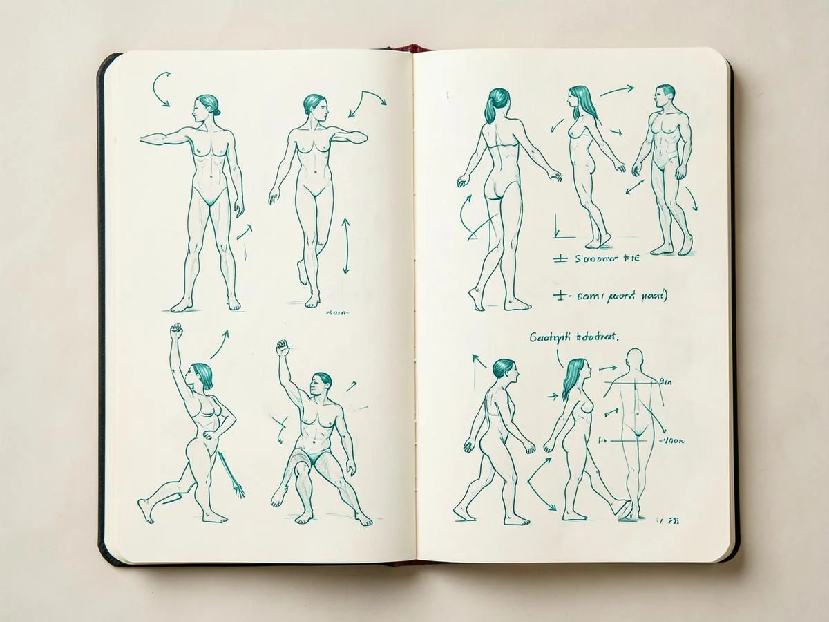 MIMM methodology materials — working notebook with movement diagrams